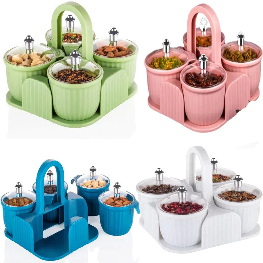 UK-0059 Dry Fruit Container Tray Set with Lid & Serving Tray 4 Pieces Airtight Jar for Serving Sweets, Chips, Cookies Other Snacks(Mutlicolor)