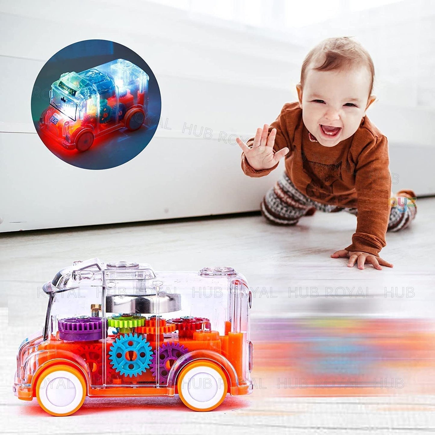 UK-0334 ransparent Gear Bus for Kids Friction Powered Mini School Bus with Tinkling Sound and Light Toy for Kids