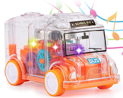 UK-0334 ransparent Gear Bus for Kids Friction Powered Mini School Bus with Tinkling Sound and Light Toy for Kids