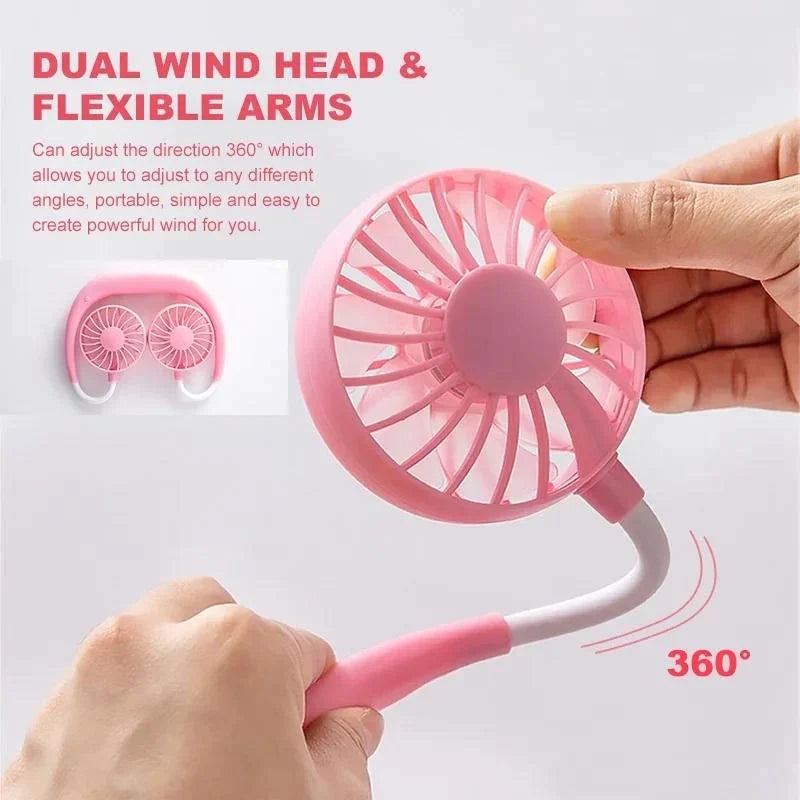 UK-0299 365 Portable Hand-Free Mini Personal Neck-Hanging USB Rechargeable Neckband Cooling Double Fan with LED Light, 3 Speeds