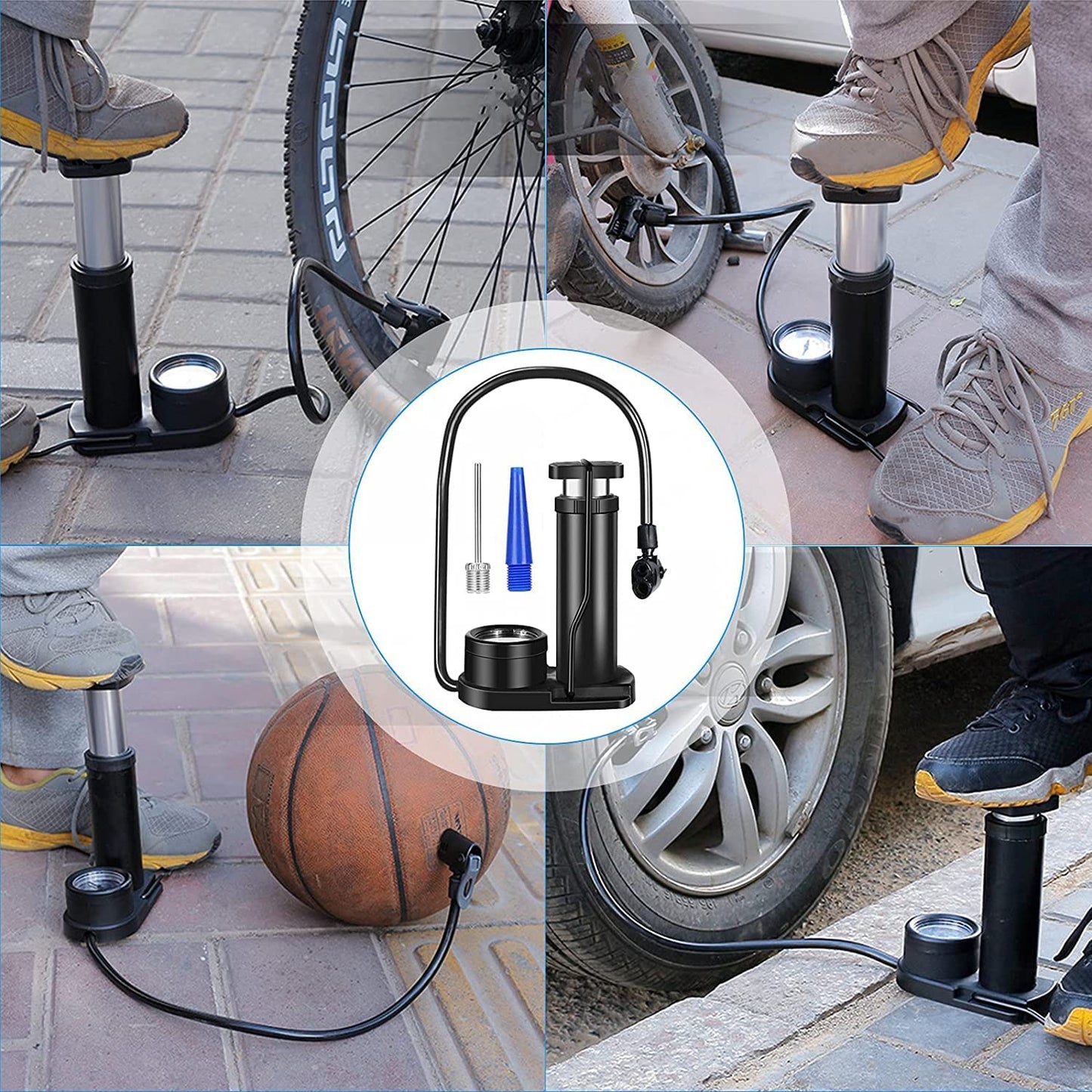 UK-0098  Portable High Pressure Foot Air Pump Heavy Compressor Cylinder with Pressure Gauge Floor Pump for Motorbike, for Cars, Bicycle, Football, Cycle Pump