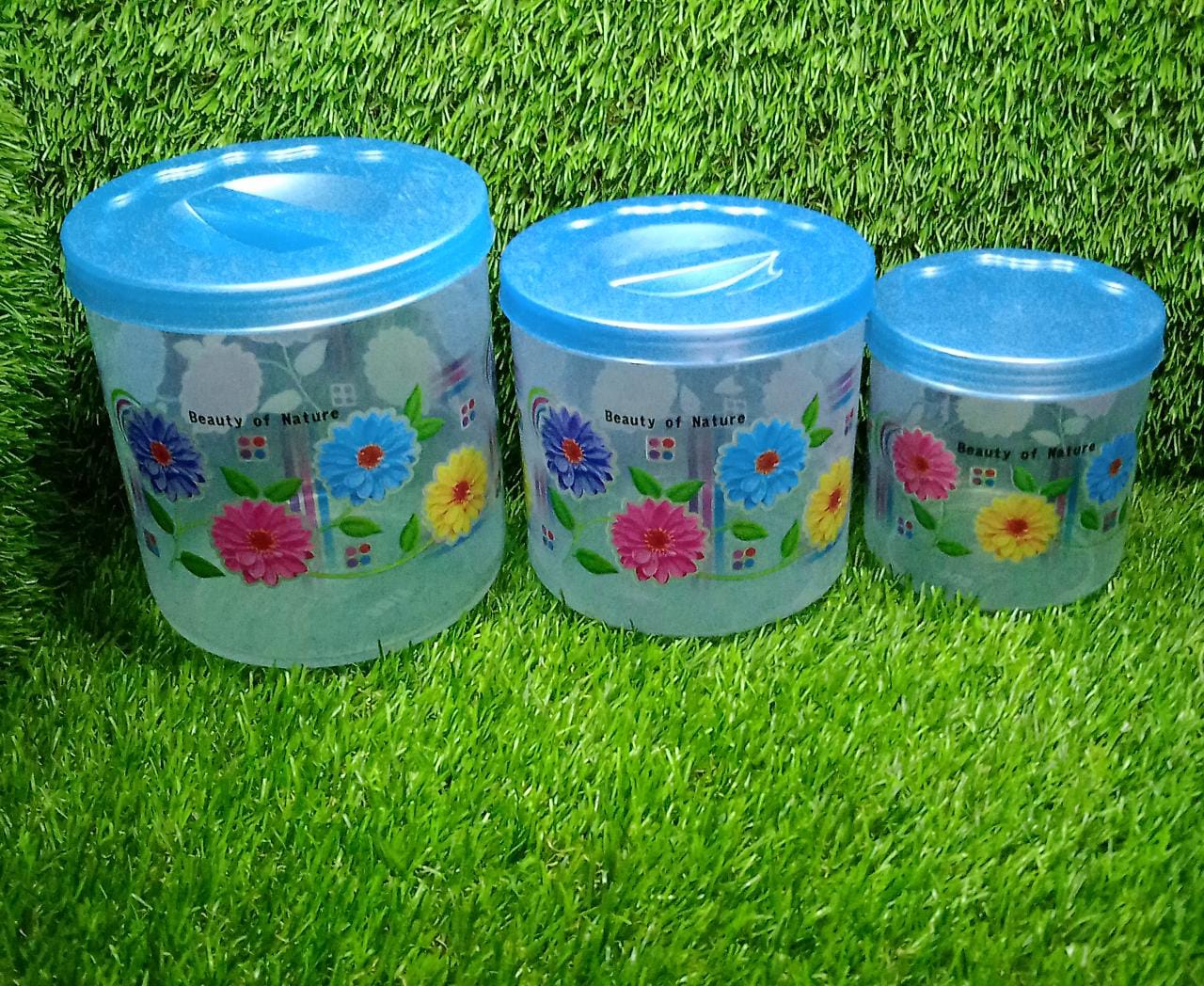 2087  Kitchen Plastic Floral Design Grocery Storage Container/Jar. Set of 3pcs - 800ML, 1600ML, 2400ML DeoDap