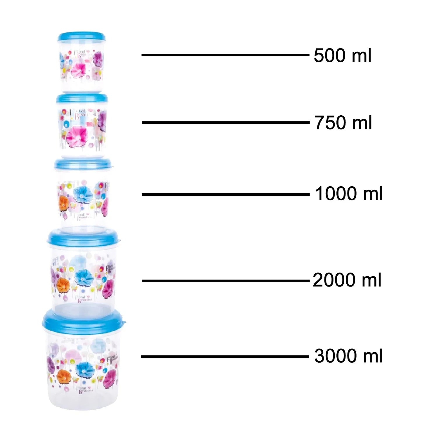 UK-0308 Plastic Transparent Container Air Tight Dabba Set (3000ml, 2000ml, 1000ml, 750ml, 500ml) asorted color