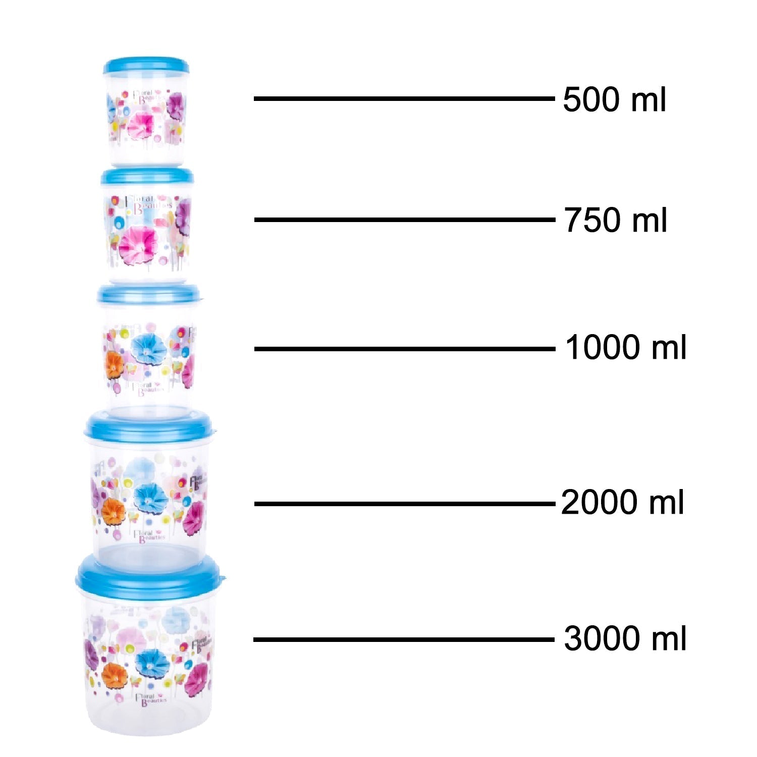 2446 Plastic Transparent Container Air Tight Dabba Set (3000ml, 2000ml, 1000ml, 750ml, 500ml) DeoDap