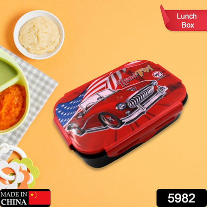 5982 Beautiful Car Design Printed Plastic Lunch Box With Inside Small Box & Spoon for Kids, Air Tight Lunch Tiffin Box for Girls Boys, Food Container, Specially Designed for School Going Boys and Girls