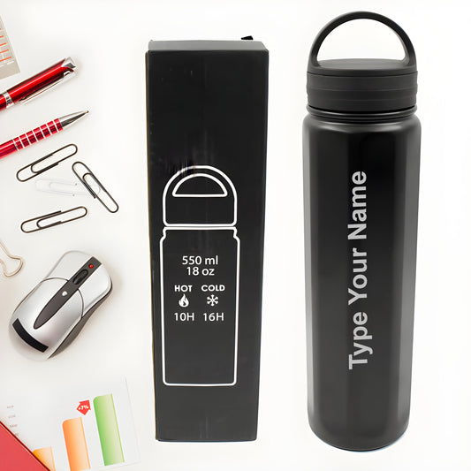 12526 VACUUM STAINLESS STEEL WATER BOTTLE WITH CARRY HANDLE, FRIDGE WATER BOTTLE, LEAK PROOF, RUST PROOF, COLD & HOT | LEAK PROOF | OFFICE BOTTLE | GYM | HOME | KITCHEN | HIKING | TREKKING | TRAVEL BOTTLE (550 ML)  -  CUSTOM PRINT / SILVER COLOR.