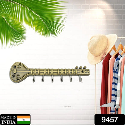 Metal Key Stand / Hanger / Holder for Home & Office Brass Key Hook / Holder Door Hooks Rail for Hanging Keys, Clothes, Towel Hook (1 Pc / Veena & Gun Shape, Lord Krishna's Flute and Peacock Quills Key Holder )