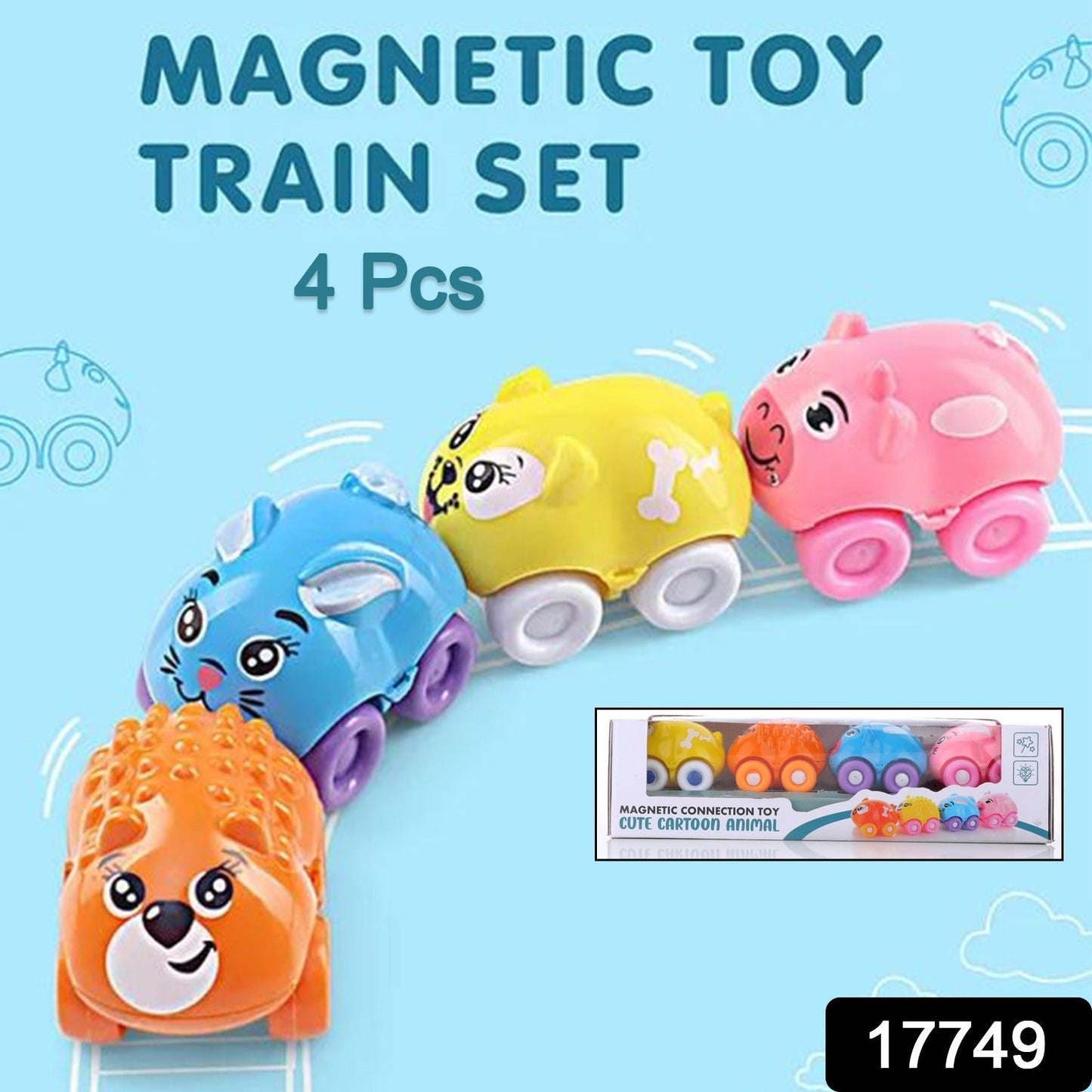 17749 Magnetic Connection Toy, Cute Cartoon Animal, Colorful Magnetic Mini Cartoon Animal Car Intelligence Kids Toy Home Decor, Train Set (4 Pc Set)