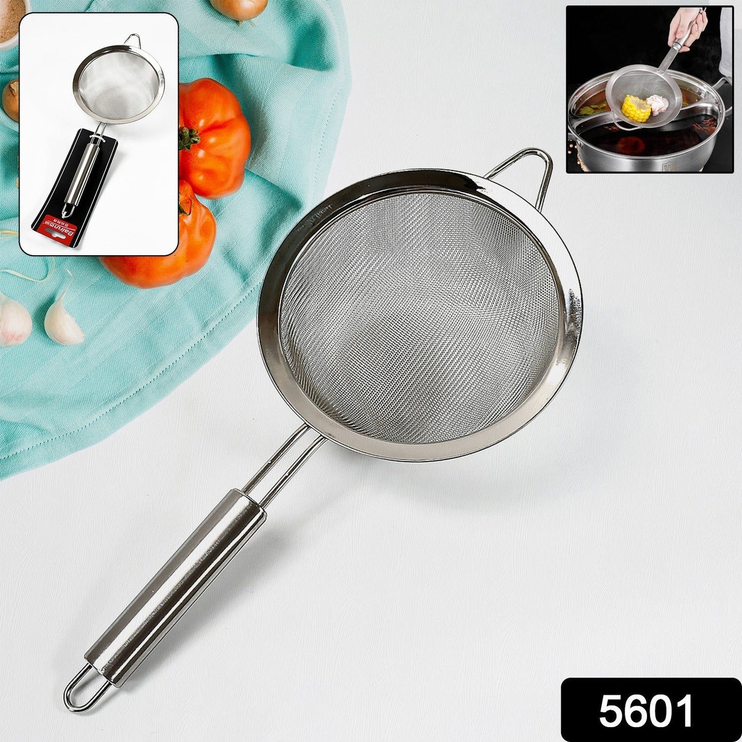 5601 Mesh Sieve Quality Stainless Steel Fine Mesh Strainer with Sturdy Handle and Hook, Ideal for Tea Coffee, Rice, Powder, Fruit Etc Kitchen Food Kitchen Utensil