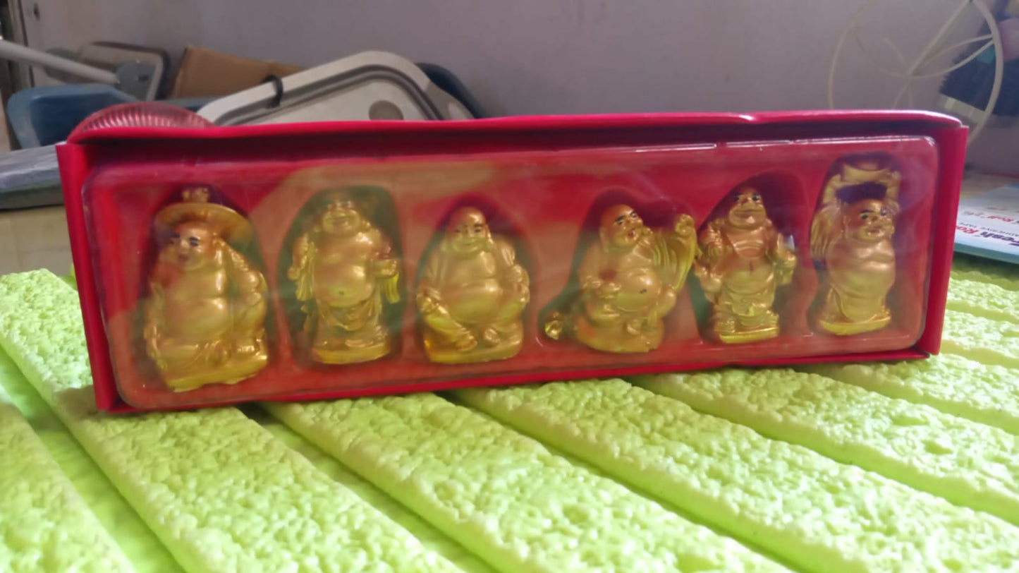 17924 Golden Laughing Buddha Set Of Six Pieces Statue For Happiness, Wealth & Good luck Decor For Wealth and Success (6 Pcs Set)