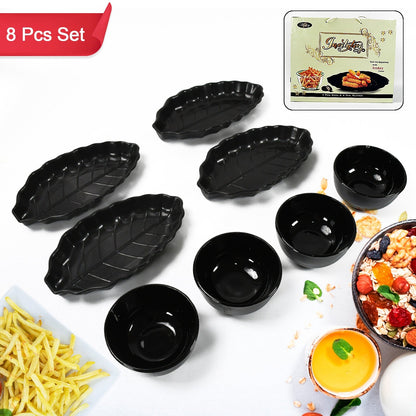 8233 Invitation Round Ceramic Snacks Bowl With Plastic Leaf shape Serving platter Portable, Lightweight Breakfast, Serving Bowl | Ideal for Rice, Pasta, Desserts Home & Kitchen Serving Bowl & platter (8 Pcs set)