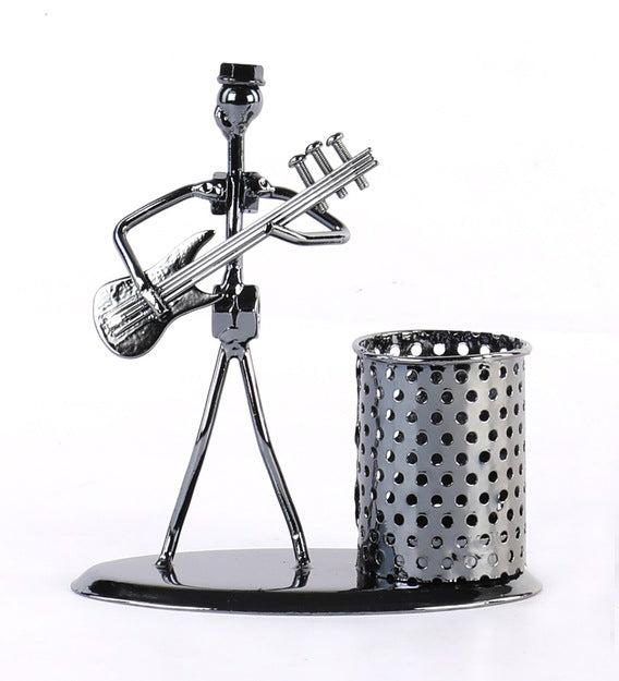 1636 Iron Musician Playing Bass Guitar Pen Stand Showpiece DeoDap