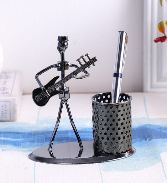 1636 Iron Musician Playing Bass Guitar Pen Stand Showpiece DeoDap