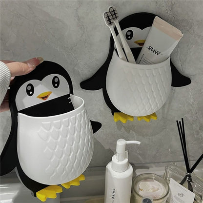 UK-0094 Penguin Design Holder for Toothpaste and Also Holder for Stationery Items Plastic Toothbrush Holder  (Multicolor, Wall Mount)