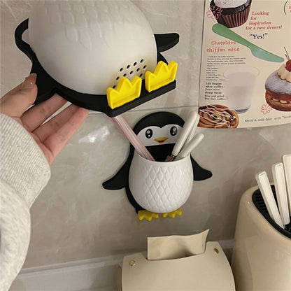 UK-0094 Penguin Design Holder for Toothpaste and Also Holder for Stationery Items Plastic Toothbrush Holder  (Multicolor, Wall Mount)